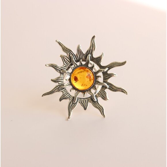 Baltic Amber Sun Ring in 925 Sterling Silver- Adjustable Size - Picture 2 of 9
